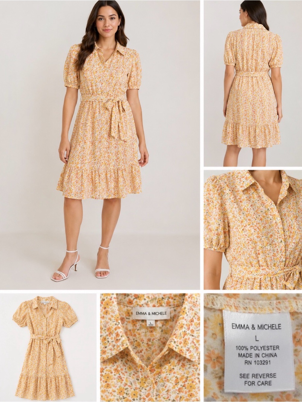 Emma & Michele Women's Floral Orange Dress One-tiered Dress Size L minimalist